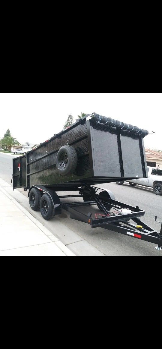 NEW DUMP TRAILERS 8X12X4 ROLLING TARP AND SPARE TIRE 2025 YEAR ELECTRIC BRAKES LIGHTS REMOTE CONTROL TITLE IN HAND READY FOR WORK FOR ANY QUESTION TEX