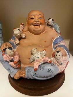 Chinese Porcelain Laughing Buddha Figurine with Children