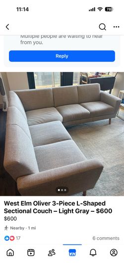 West Elm Oliver 3-Piece L-Shaped Sectional Couch – Light Gray