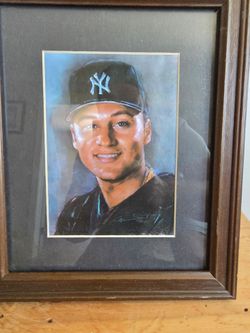 This image shows a framed art print of New York Yankees shortstop Derek Jeter.The artwork is a pastel portrait likely titled "Derek Jeter" by artist H