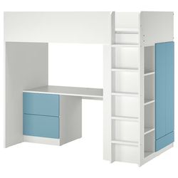 Loft bed, white blue/with desk with 3 drawers, Twin