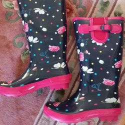 Serra Rain Boots Women’s Sz 9 Tall Navy & Pink Floral Butterflies Polka Dots

