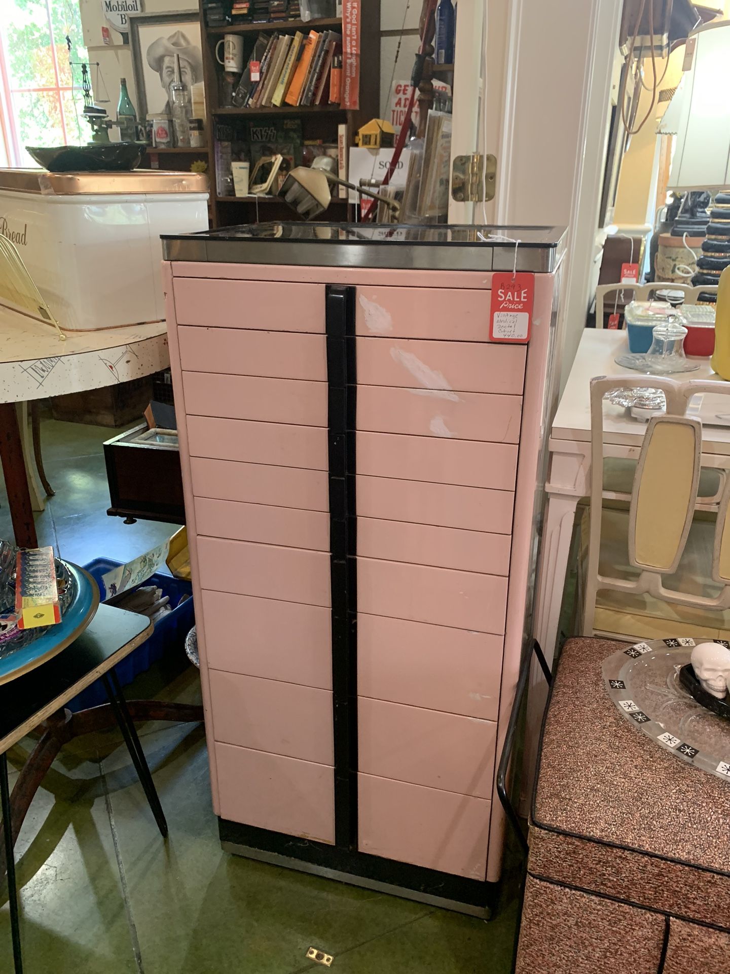 21x15 pink medical dental cabinet 1. 440.00.  Johanna at Antiques and More. Located at 316b Main Street Buda. Antiques vintage retro furniture