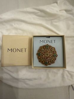 Monet Gold Tone Enamel Rhinestone Round Filigree Style Flower Brooch