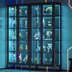 71”H Glass Display Cabinet with LED Lights, 5-Tier Curio Cabinet with Glass Doors, Metal Display Case with Adjustable Shelves, Display Cabinet for Col