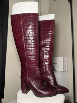 New Coach Brigitte Boot Croc-Embossed Over-the-Knee Boots in Burgundy Size 8