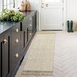 Boho Farmhouse Bathroom Runner Rug 2'x6', Tan Cream Cotton Woven Throw Rugs with Tassels (Set  of 2)
