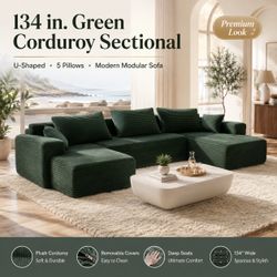 3-Pieces Corduroy Upholstered U-Shaped with 5 Pillows Modern Modular Sectional Sofa