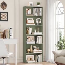 6 Tier Tall Bookshelf and Bookcase, Wooden Bookcase Display Shelf for Living Room Home Office Library Storage, Green
