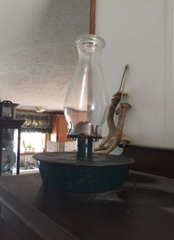 Oil lamp,antique,very old,green metal base with wick