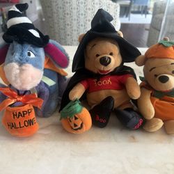 Winnie The Pooh, Eeyore Halloween Fall Disney Pumpkin, Witch Plush Bundle 