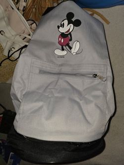 Hickey mouse backpack , plaid backpack,  and black Leather back pack