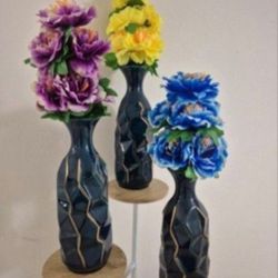 *** NEW LOW PRICE *** 15" Blue Ceramic Vases with Faux  Peonies @ Lasting Creations
