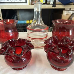 Pr. Ruby Red Fenton Ruffled Glass Vases/Pr. Ruby Red Hurricane Candle Holders/Red Striped Decanter