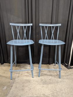Pair of Blue Metal Cross-Back Bar Stool