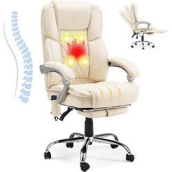 Ergonomic Office Chair with 4-Point Massage, Adjustable Recline, Footrest and Lumbar Support - Beige