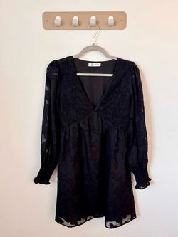 Cupshe Black Mini Dress Small Smocked V Neck Sheer Long Sleeve Floral