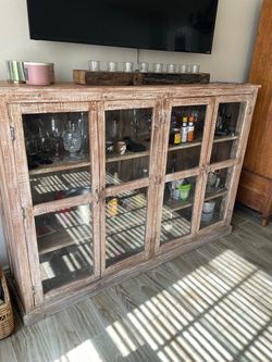 Potato Barn Rustic Whitewashed Glass-Door Cabinet – 66″ Wide