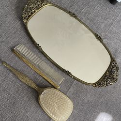 Gold Plated Original Vintage Matson Mirror Comb And Brush