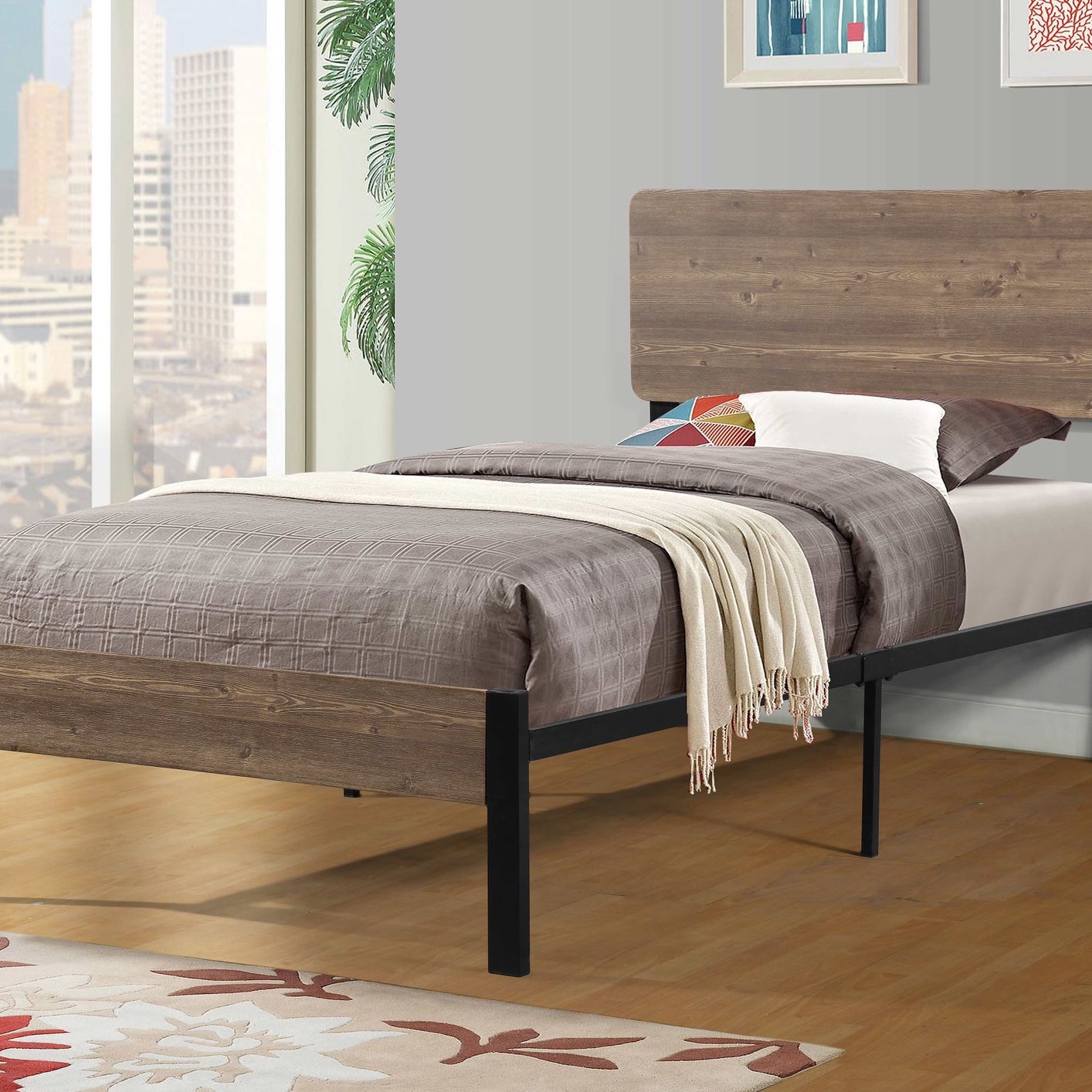 Twin Platform Bed Frame In Two Tone Brown/Metal Finish