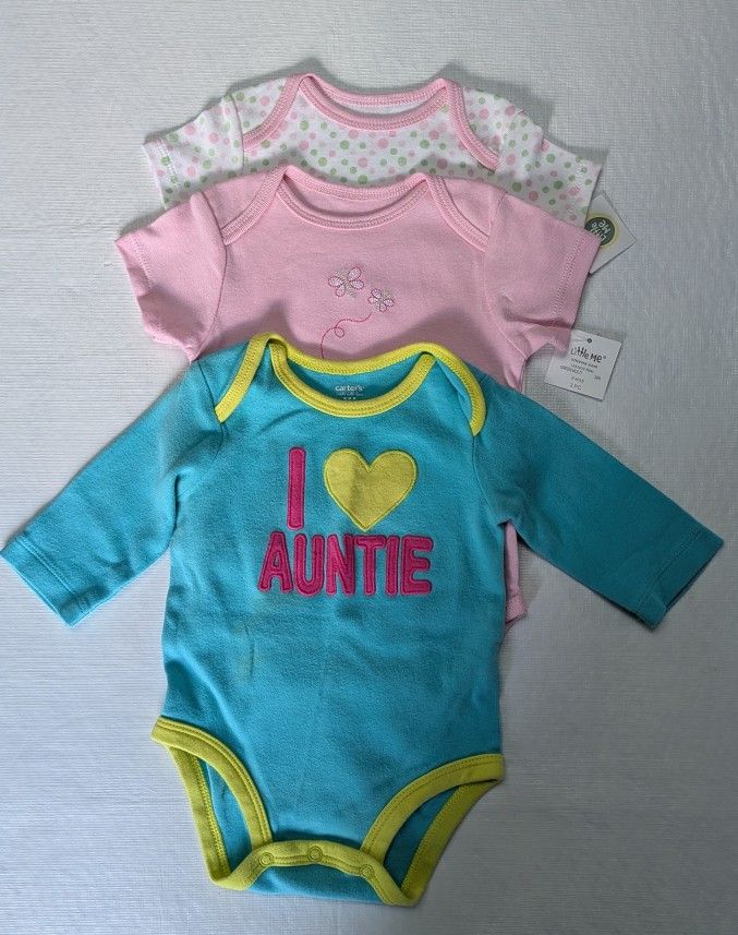 3-Pack Baby Girls 2 new Short Sleeve, 1 Long Sleeve Bodysuits