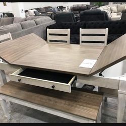 Ashley Dining Table + 4 Chairs + Storage Bench / Dining Room Set / Kitchen 🌹 Brand New 💥