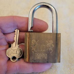 Antique Donner Deluxe Hardened Brass Padlock With Key. Nice Working Condition 