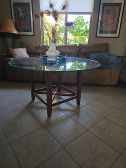 57" Round Beveled Glass Dining Table with Solid Wood X-Base