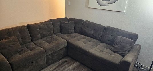 Brown Fabric Sectional Sofa with Tufted Cushions: OPEN TO OFFERS