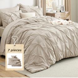 Bedsure King Size Comforter Set Beige - Bed in a Bag Bedding Set 7 Pieces, GentleSoft™ Pintuck Bed Set Gift for Family, All Season Down Alternative Co