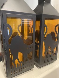 Halloween 🎃 Metal Lanterns, Orange Glass, Cat 🐈‍⬛ $ 50 For Pair , Set Of 2, 26” X7” 