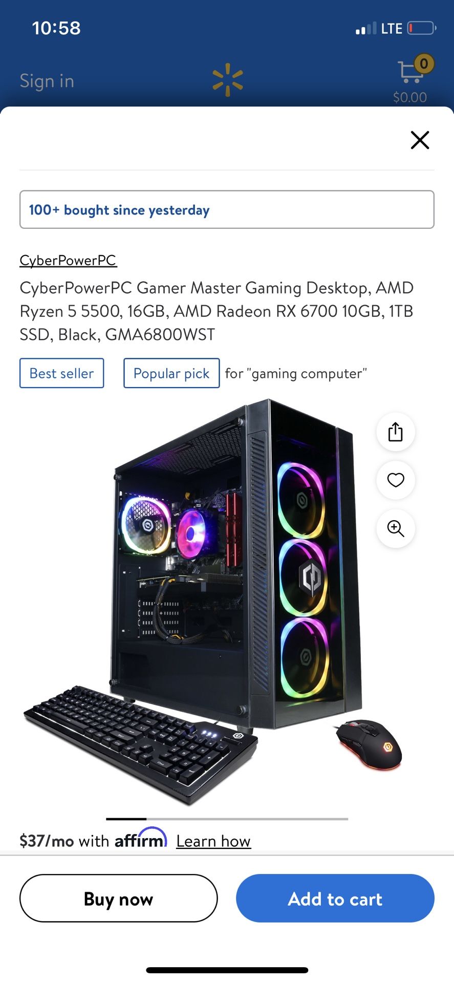 CyberPowerPC CyberPowerPC Gamer Master Gaming Desktop, AMD Ryzen 5 5500, 16GB, AMD Radeon RX 6700 10GB, 1TB SSD, Black, GMA6800WST