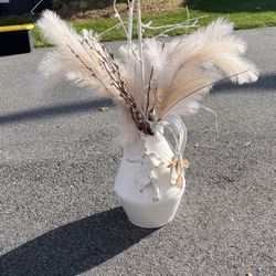 White Vase With Synthetic Feathers 