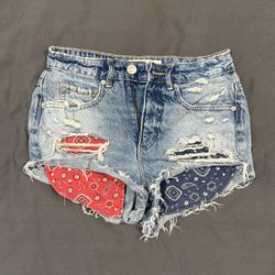 Distressed denim bandana patch shorts