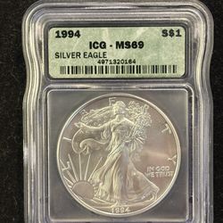 1994 $1 American Silver Eagle MS69