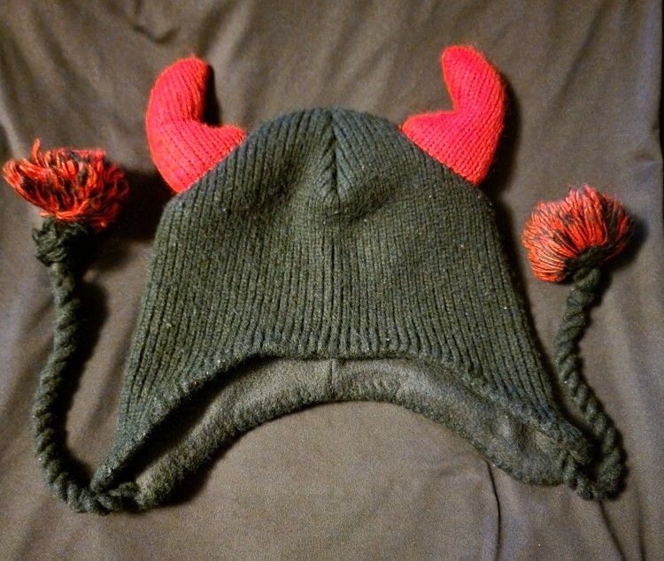 Red Horned Devil Knitted Hat With Tassle PUFFS
