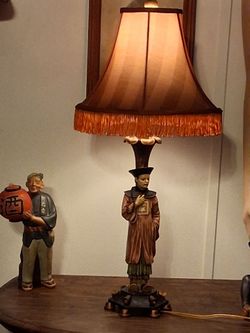 Vintage Asian Figurine Table Lamp with Fringe Shade