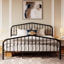 King Size Black Metal Platform Bed with Vintage-Style Headboard and Footboard