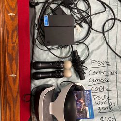 Psvr Headset With Controllers, Camera, Cords, And Psvr Worlds Game