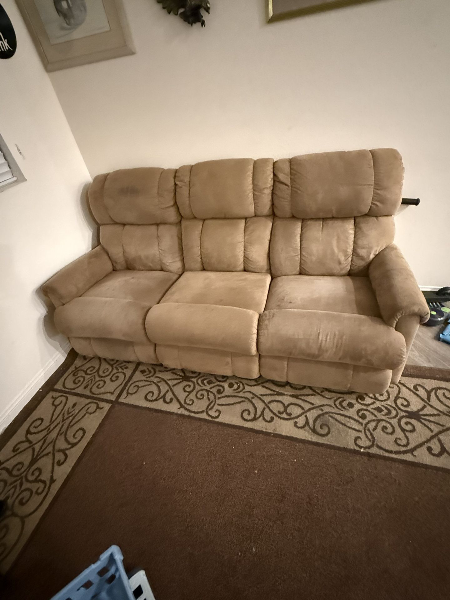 Tan Reclining 3 Person Small Sofa In Very Good Condition 