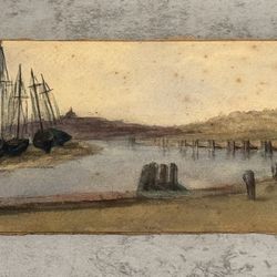 Original Fine Antique 1917 English Watercolor Harborscape Painting signed EMC