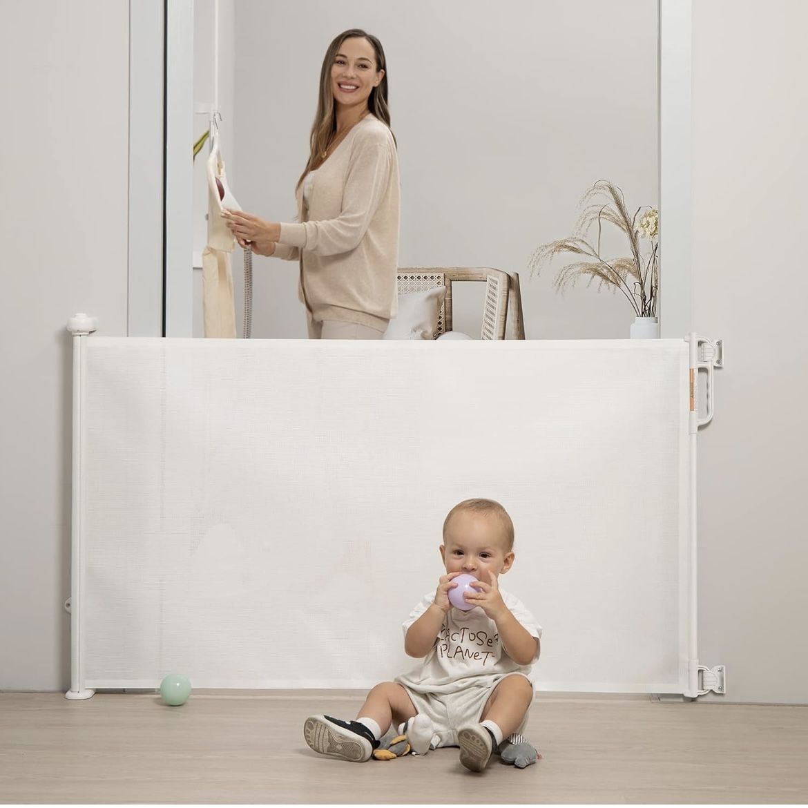 NEW - Retractable Baby Gate, Momcozy Mesh Extends up to 55" Wide