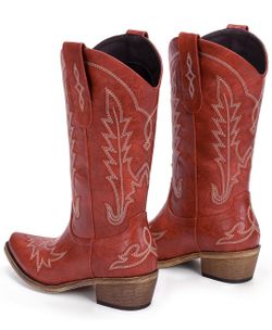 Cowboy Boots for Women - Cowgirl Boots with Embroidery, Chunky Heel Pointed Toe Pull-on Vintage Western Mid Calf Fashion Boots for Ladies