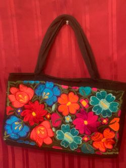 Black Floral Embroidered Tote Bag