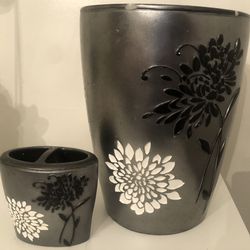 Bathroom Set - Gray Waste Basket & Toothbrush Holder