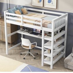 Wood Loft Twin Bed with Desk (white)