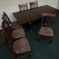 7-PC HEAVY DUTY SOLID WOOD DINING SET (TABLE WITH EXTENSION LEAF AND 6 WOOD WITH IRON PADDED CHAIRS)