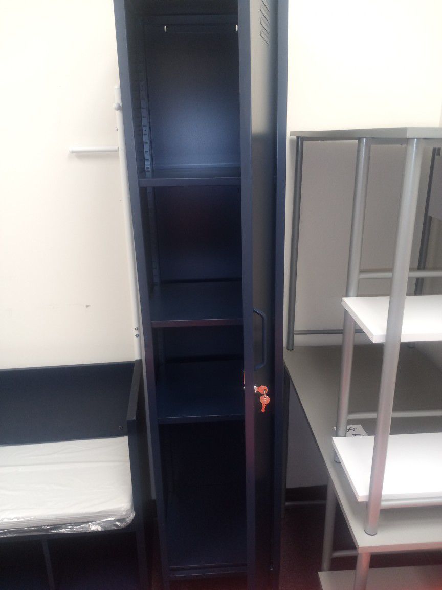 Blue Locker, Desk, Storage Bench
