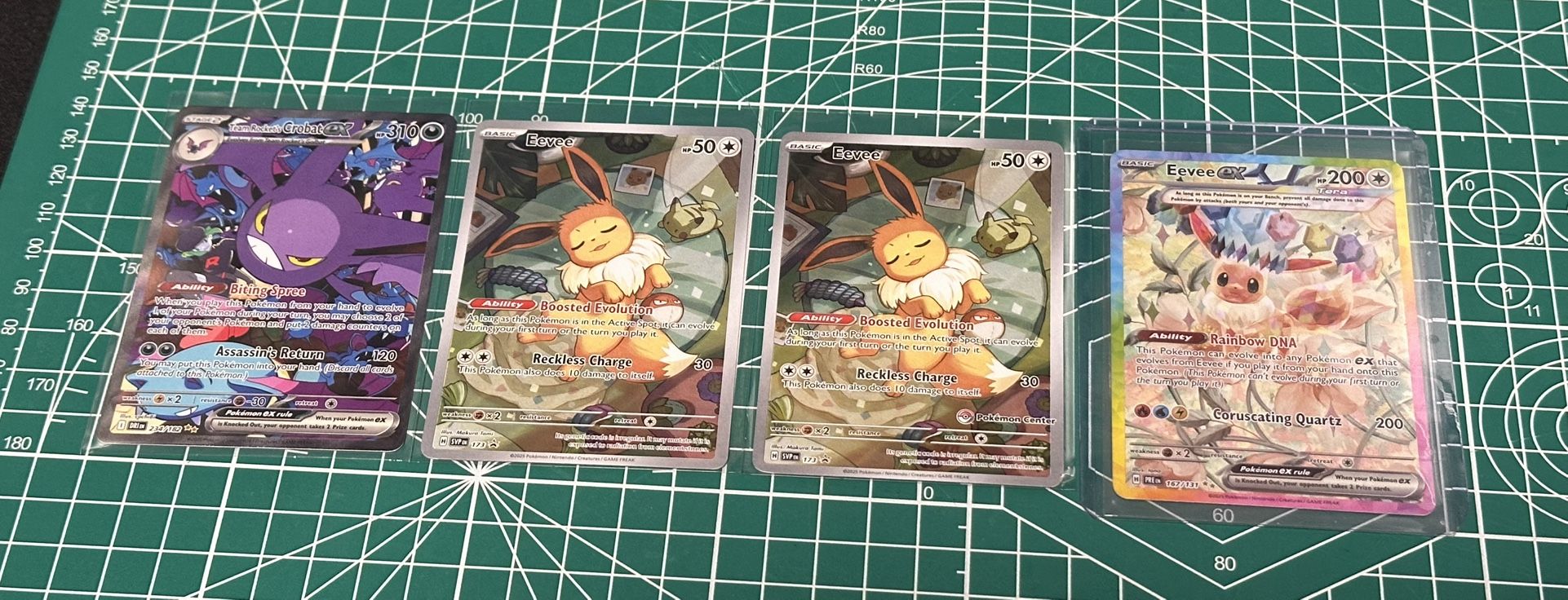 Pokemon Evee SIR, Evee Sleep Pokemon Center Promo, Evee Normal Sleep Promo, Crobat Ex (Prismatic evolutions, Destined rivals)