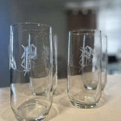Set of 4 Decorative etched Drinking Table Glasses w/ Flower design & L engraved (Letter P)